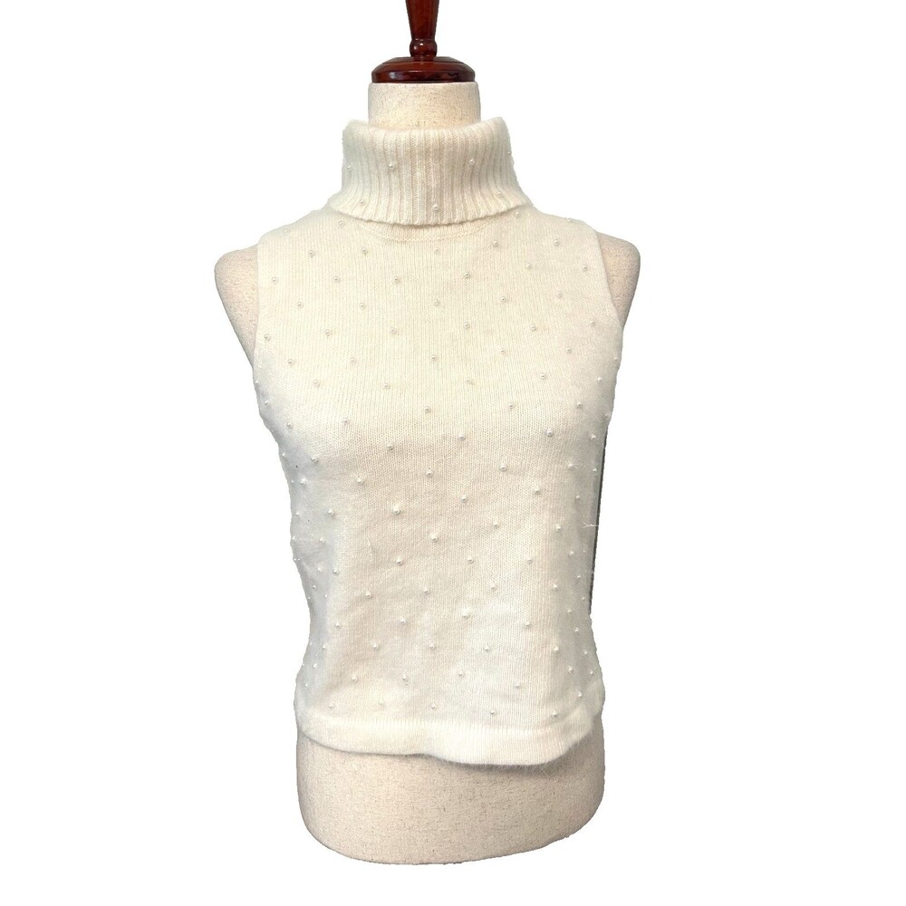 Vtg Mixit Sleeveless Turtleneck Sweater Angora Womens M Beaded Pearl Cream Fuzzy